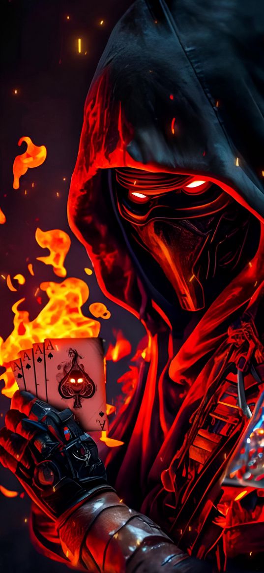 mask, hood, cards, fire