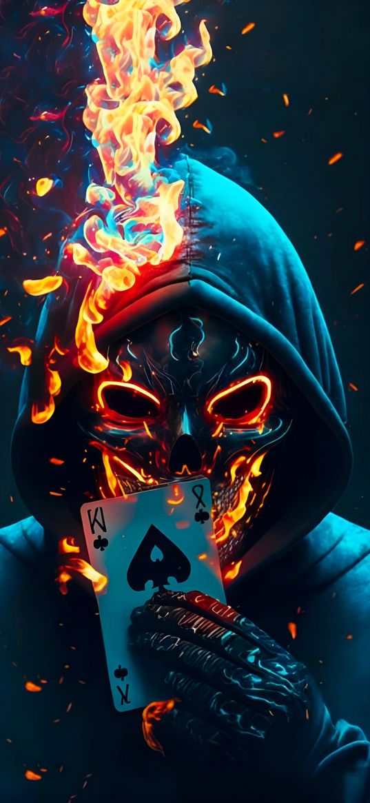 mask, art, hood, card, flame