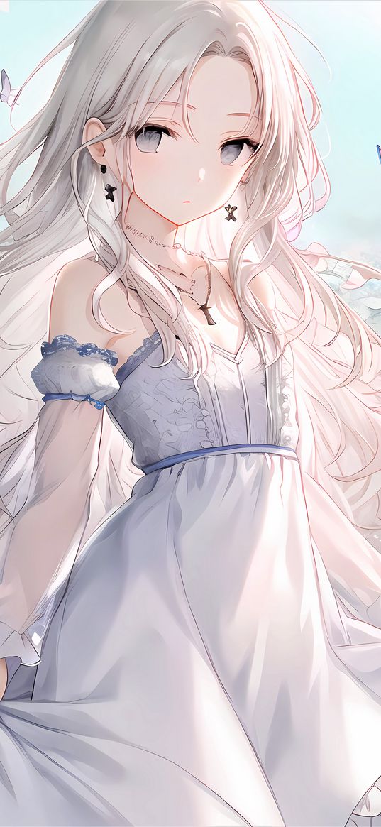 girl, hair, jewelry, dress, light, anime