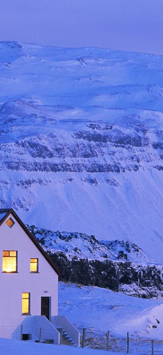 house, white, snow, mountains, windows, light