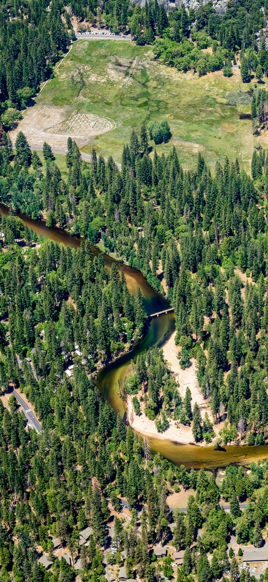 river, trees, glade, aerial view