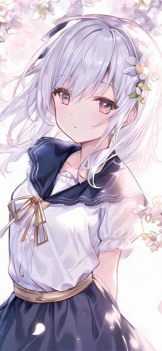 girl, flowers, sailor suit, petals, anime