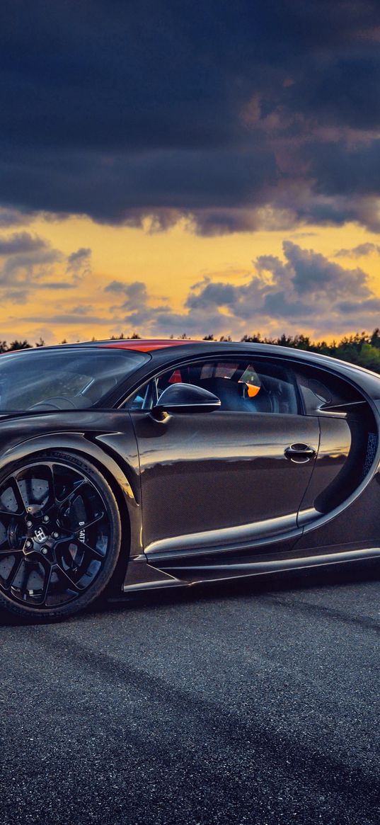 bugatti chiron, bugatti, sports car, car, black, road, clouds, sunset, sky