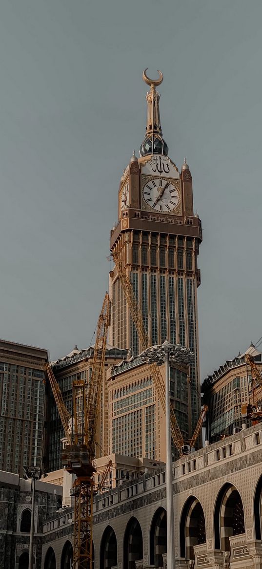 mosque, tower, clock, cranes, building, islam, religion, architecture