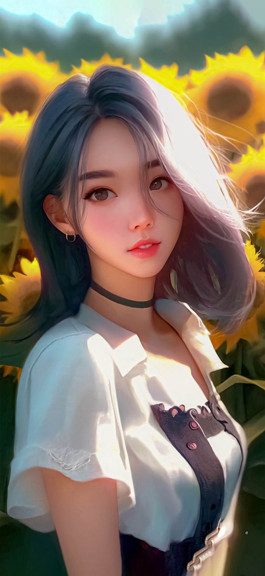 girl, asian, beautiful, sweet, blouse, sunflowers, ai, art