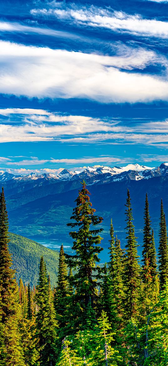 trees, mountains, view, landscape, clouds