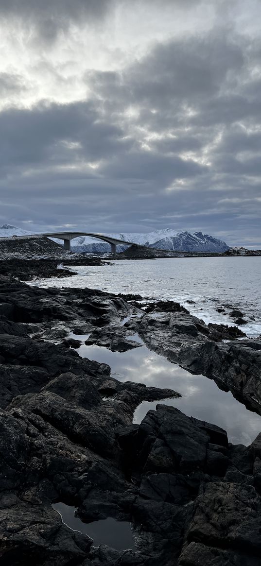 rocks, sea, bridge, mountains, sky, norway