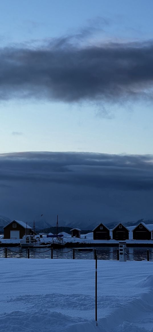 snow, water, houses, norway