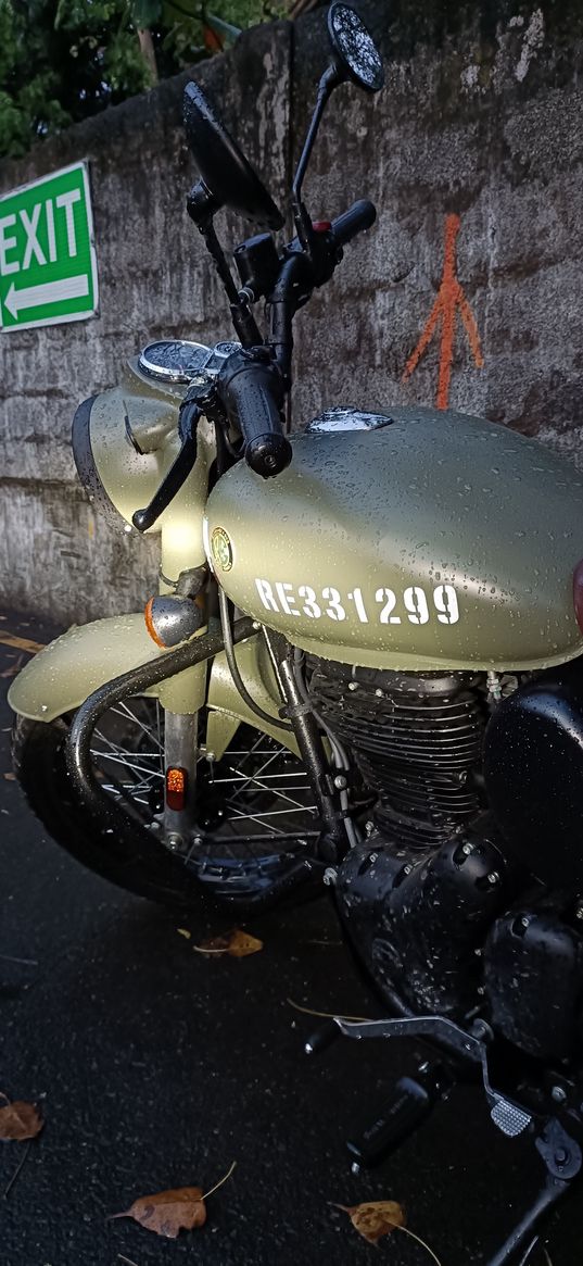 royal enfield, motorcycle, bike, road, rain