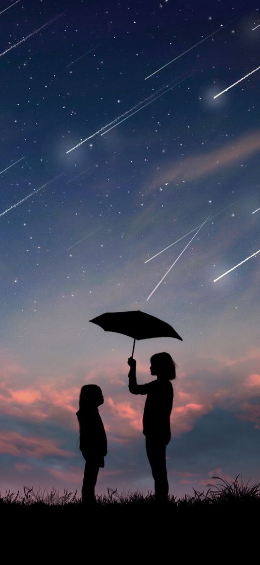 stars, night, starfall, girl, woman, umbrella