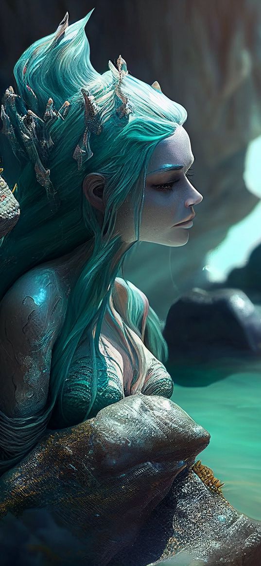 mermaid, turquoise, rock, sea, fantasy