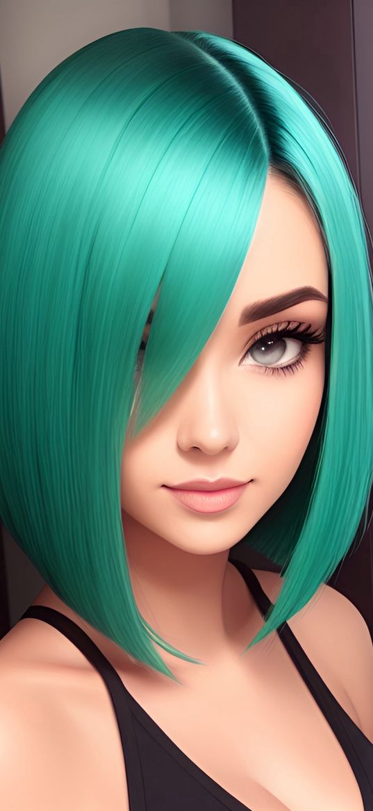 girl, turquoise hair, top, black, portrait, art