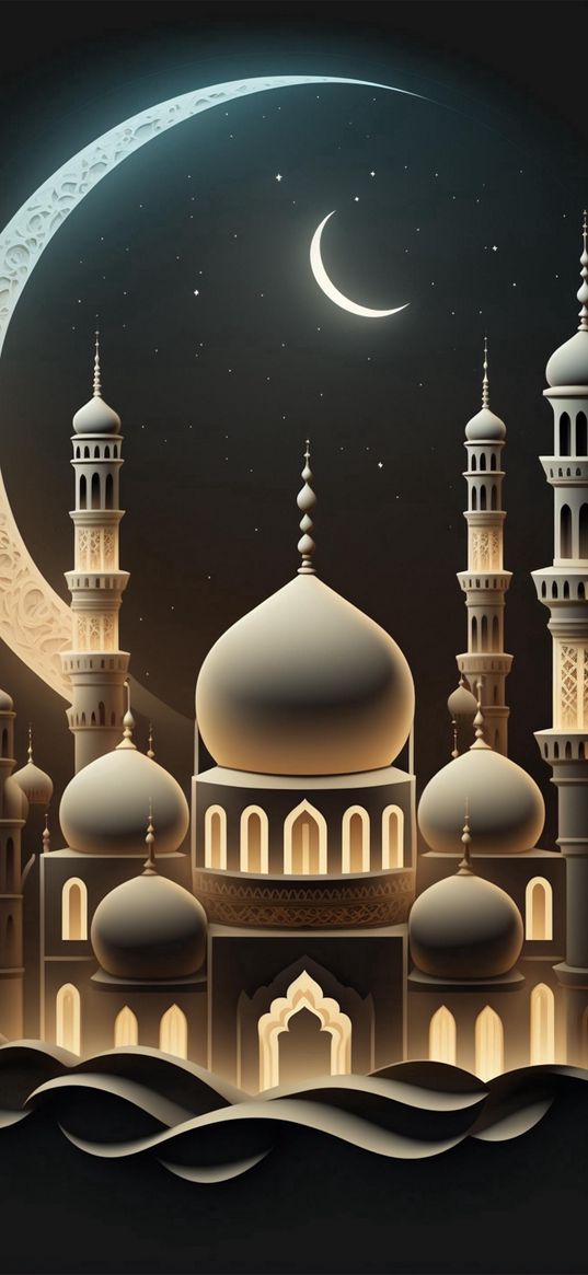 mosque, night, crescent, stars, pattern, art