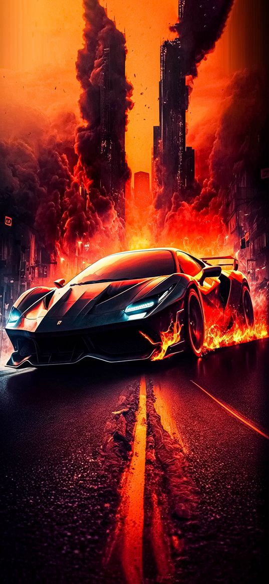 car, sports car, road, fire, explosion, art