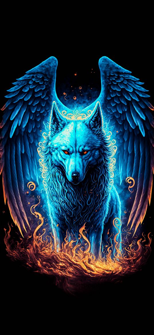 wolf, animal, wings, fire, art