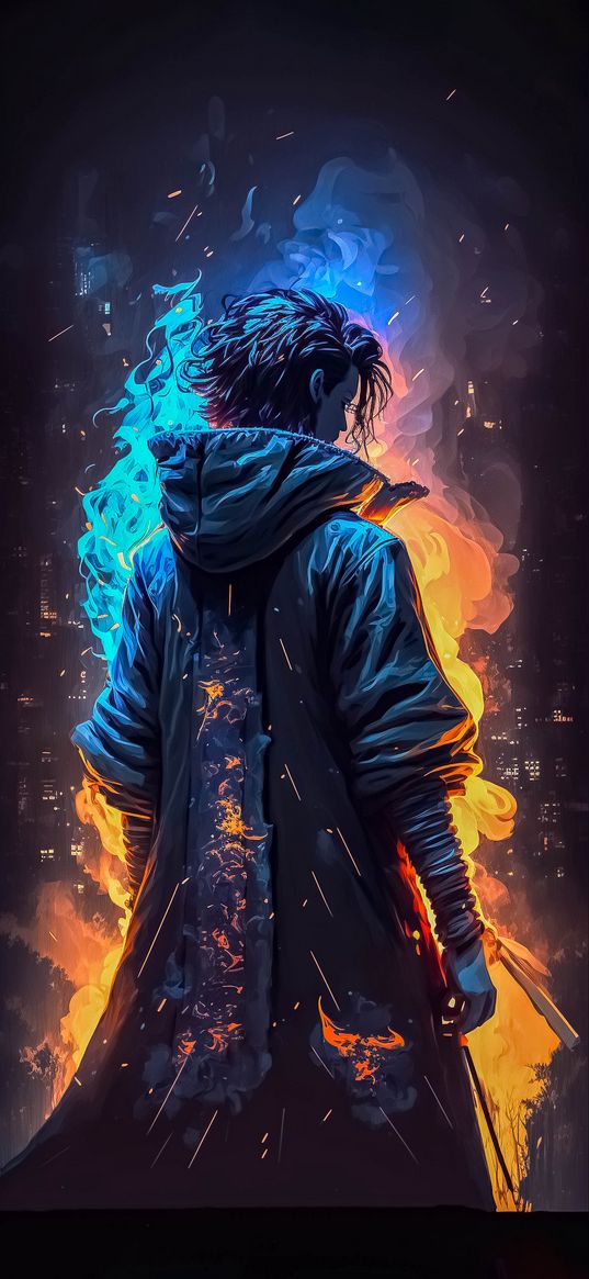 man, cloak, sparks, fire, neon, art