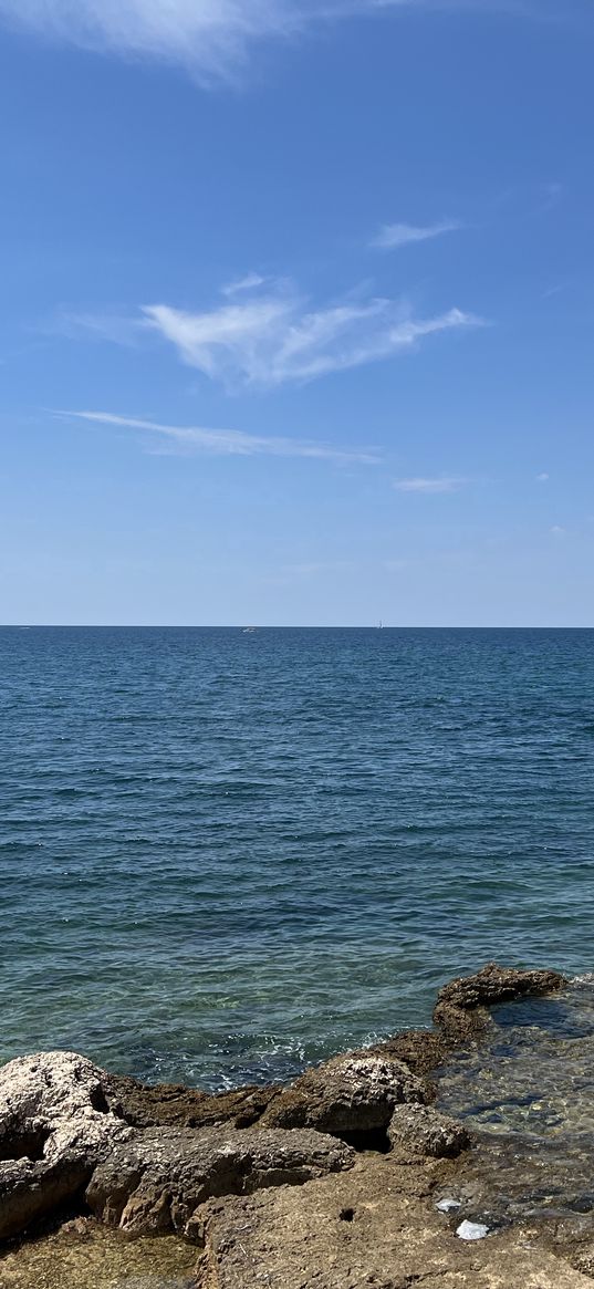 stones, coast, jetty, boats, sea, horizon, sky, landscape, nature