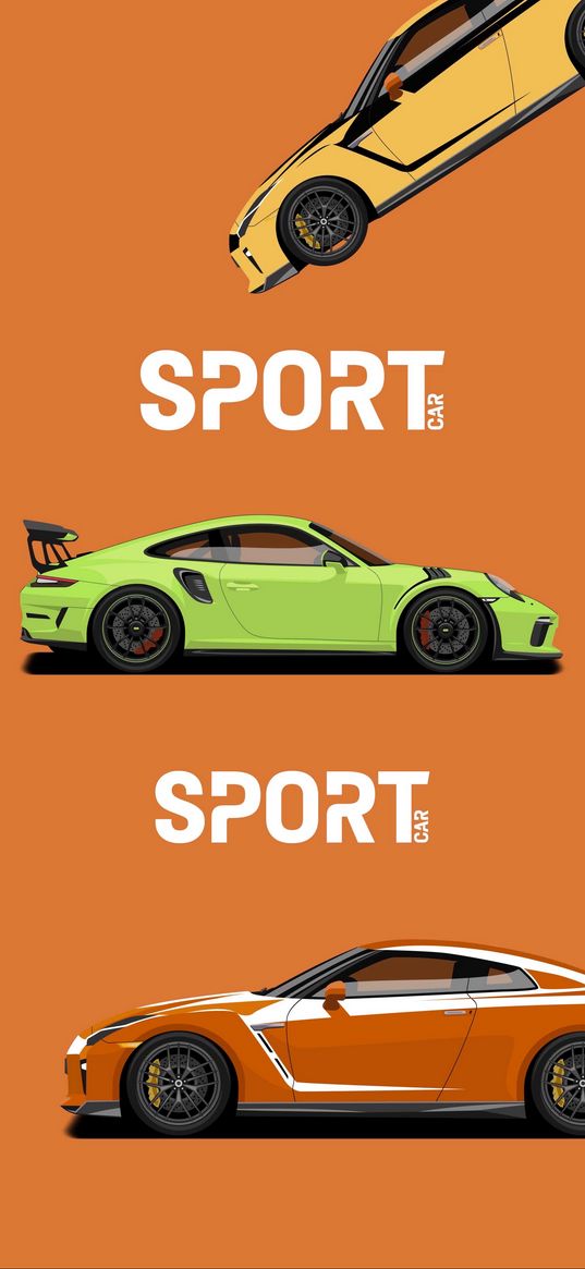 porsche, car, orange, green, orange background, lettering, sport, art