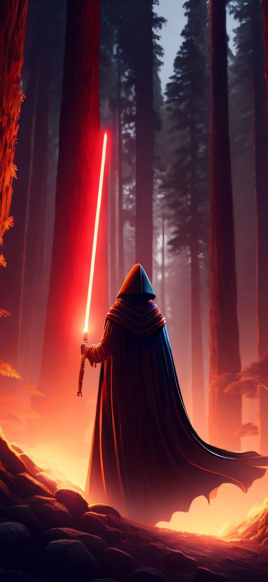 man, cloak, hood, lightsaber, red, sith, forest, art