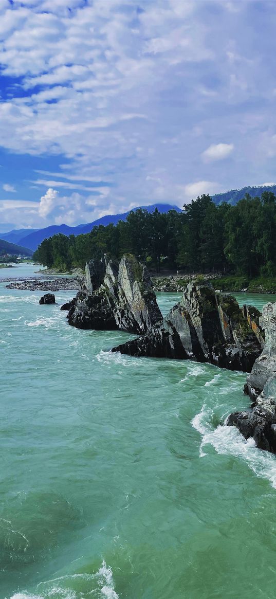 river, rocks, mountains, trees, nature, altai