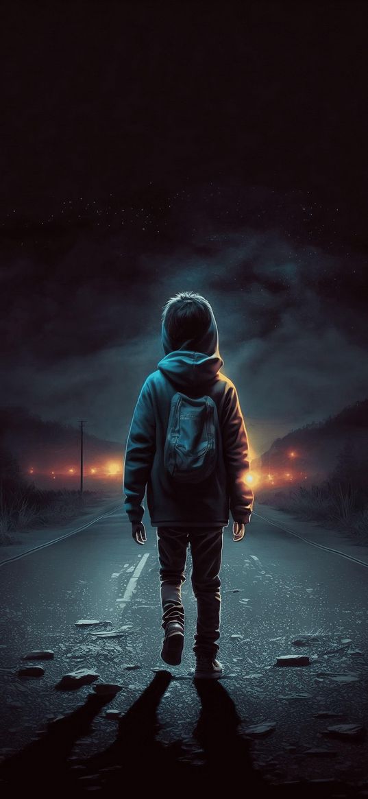 boy, road, stones, lights, fog, night, darkness