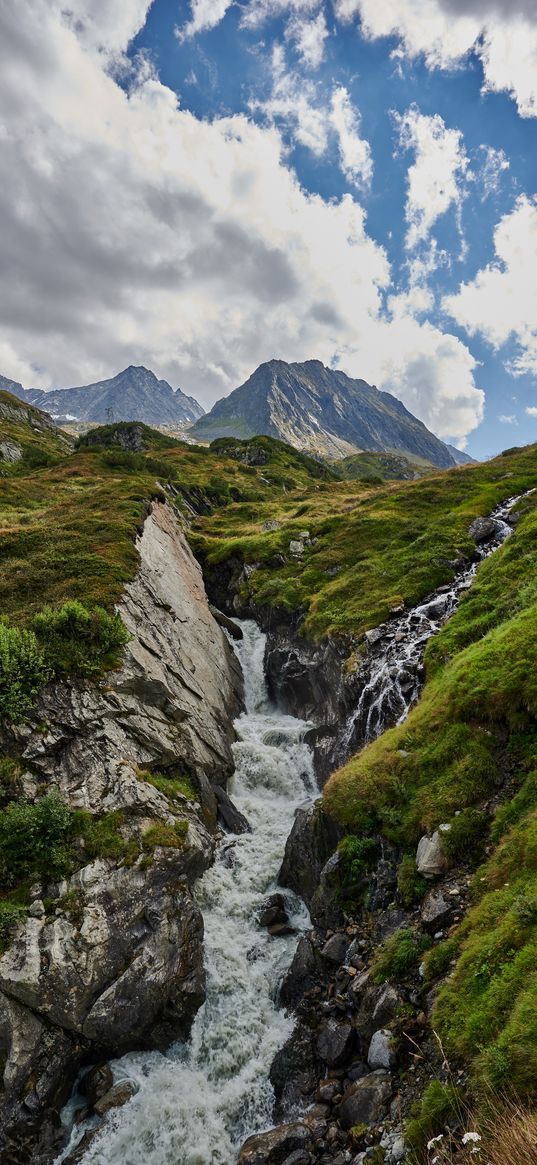 mountains, stream, stones, grass, relief