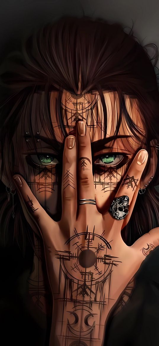 eren yeager, attack on titan, character, anime, rings, tattoo, jewelry, art