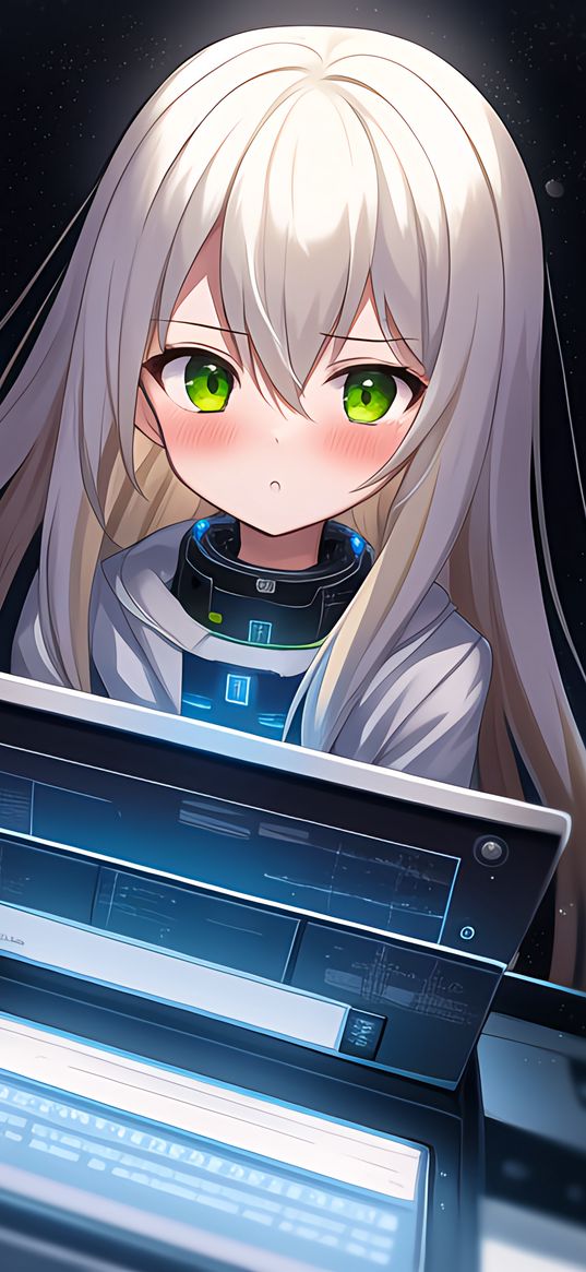 girl, laptop, screen, anime