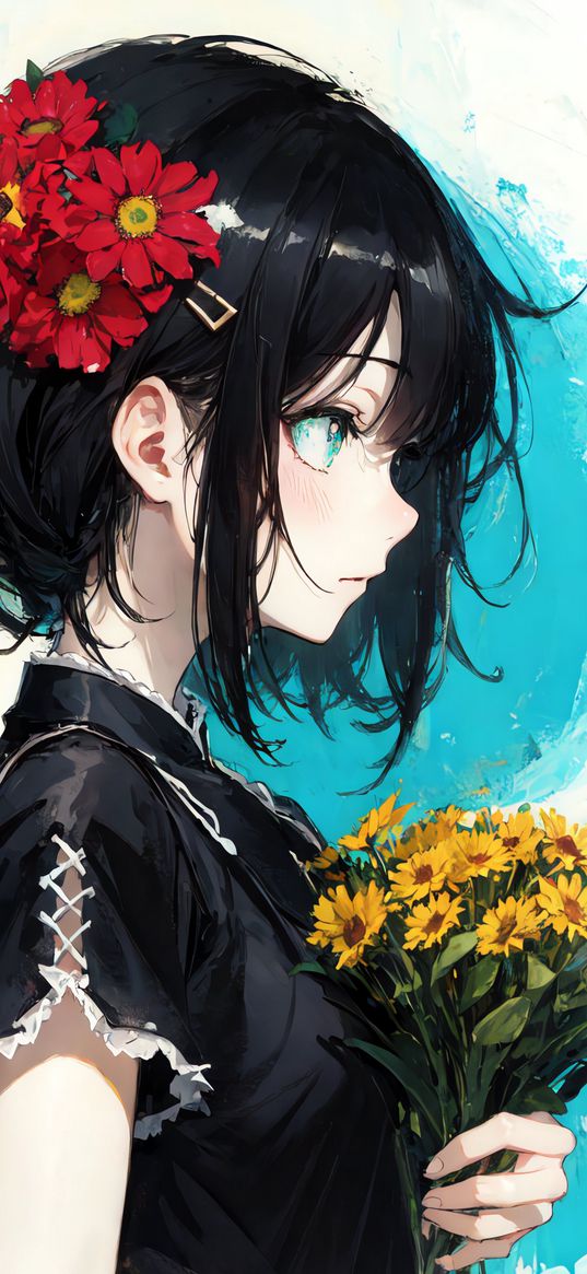 girl, hairpin, flowers, bouquet, anime