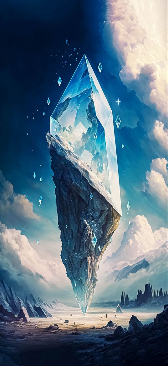 crystal, rock, mountains, clouds, sky, sci-fi, ai, art