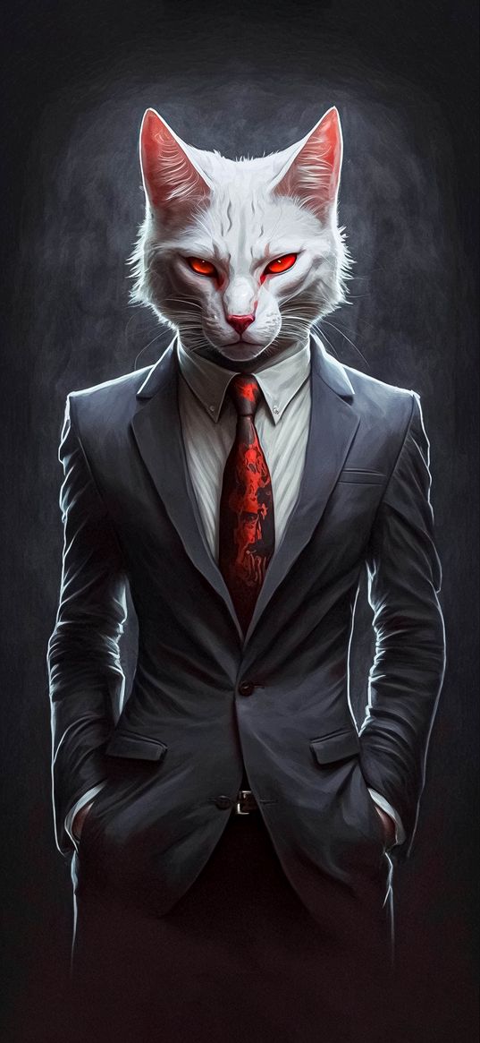 cat, tuxedo, red eyes, brutal, animal, ai, art