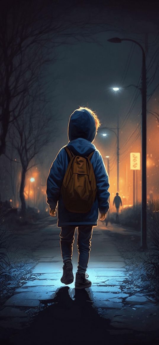 boy, lonely, street, lights, night, ai, art