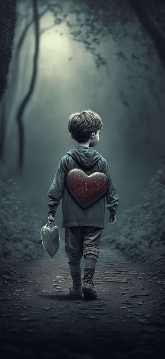 boy, lonely, heart, path, forest, ai, art