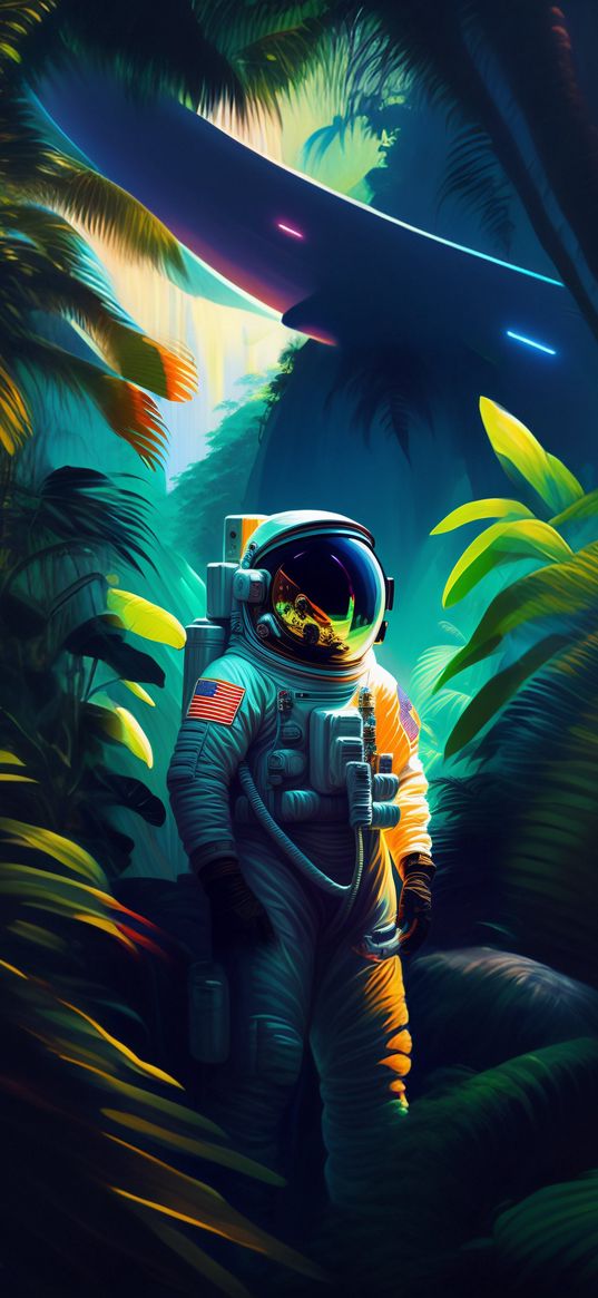 astronaut, spacesuit, jungle, forest, plants, ai, art