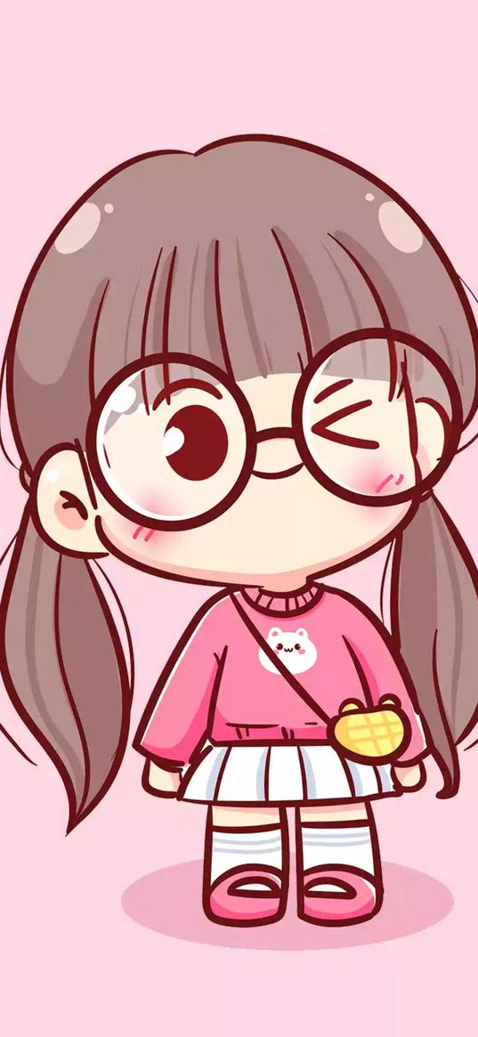 girl, glasses, wink, pink background, art