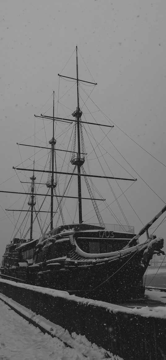 ship, frigate, river, snow, winter, saint petersburg