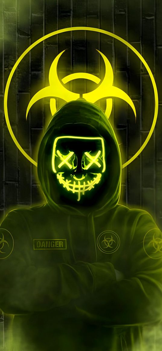 sign, radiation, mask, hood, neon