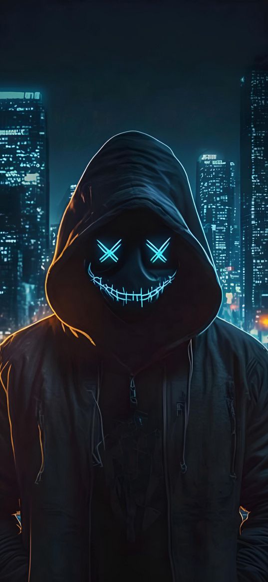 mask, neon, hood, city, lights, art