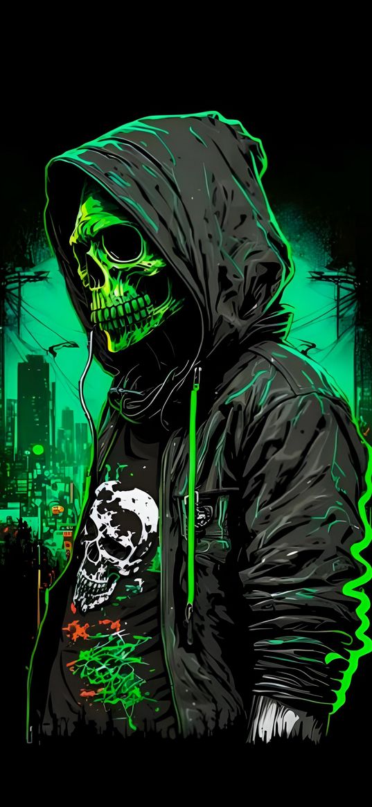 skull, green, hood, city, art