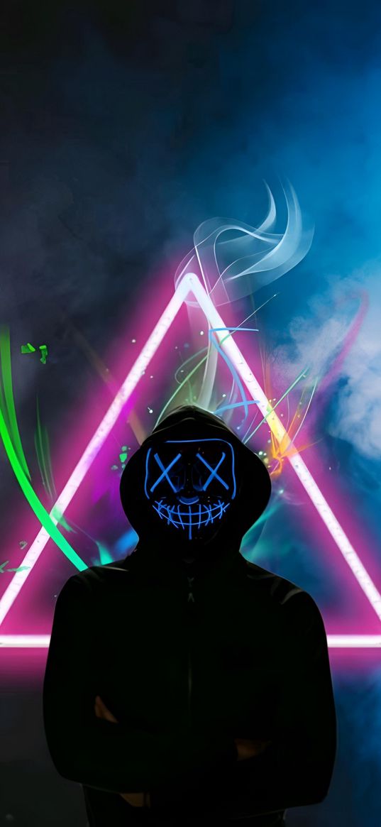 man, mask, hood, triangle, neon, smoke