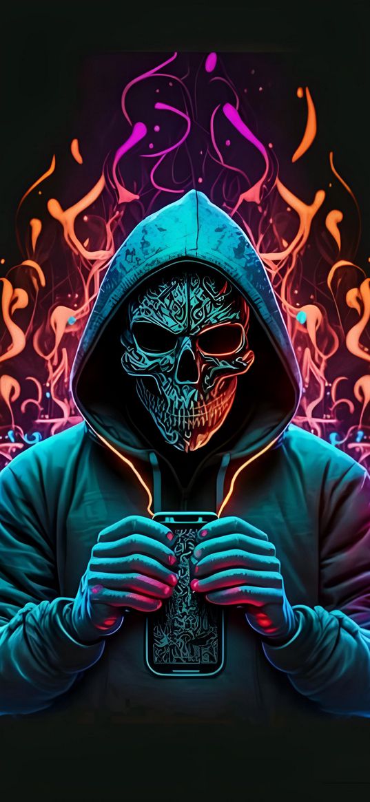 phone, hood, skull, art