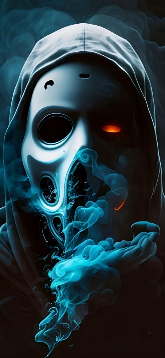 hood, mask, eye, red, smoke, art