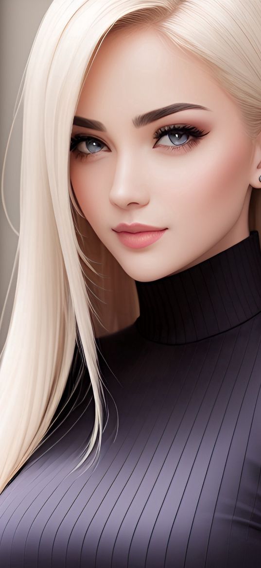 girl, blonde, turtleneck, black, art