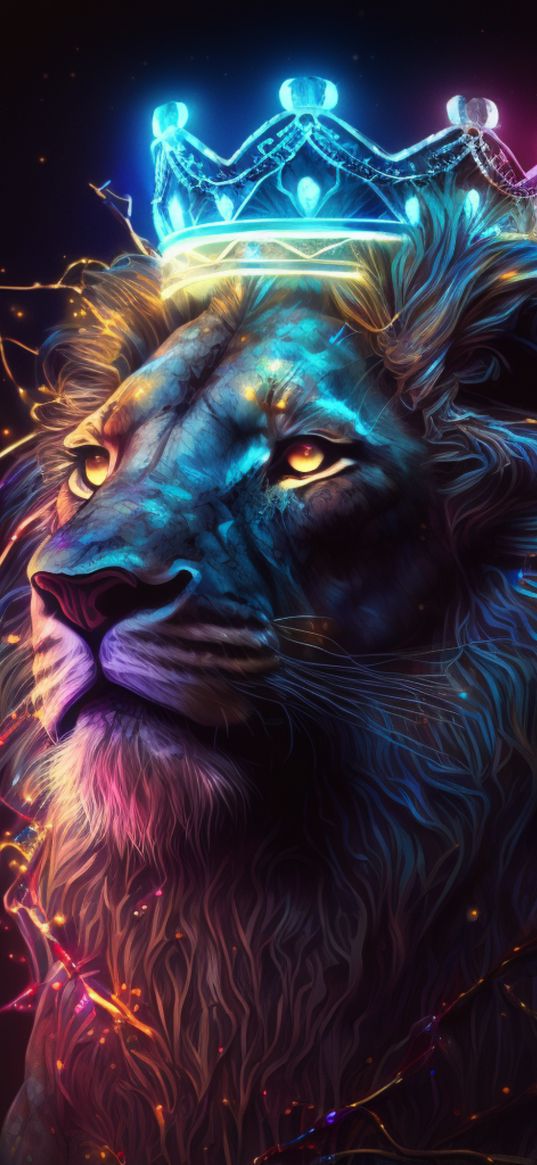 lion, animal, predator, crown, neon, glow, pink, blue