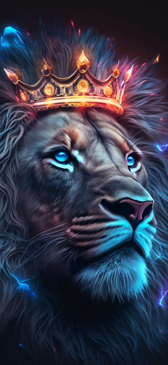 lion, animal, predator, crown, glow, blue, art