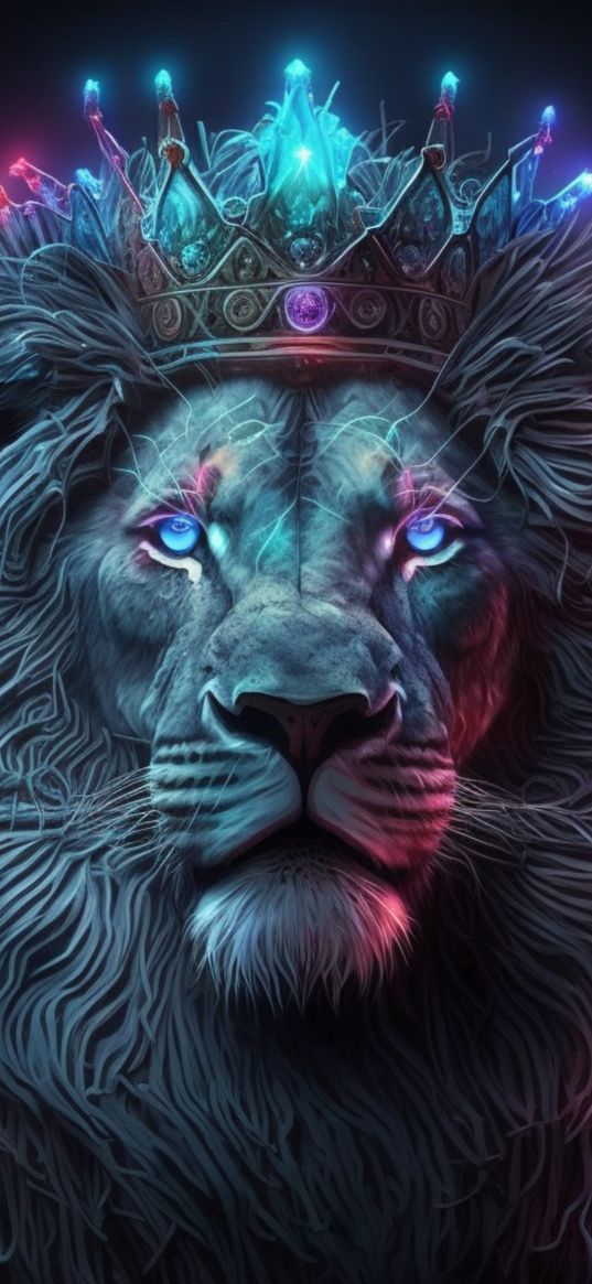 lion, animal, predator, crown, blue, pink, art