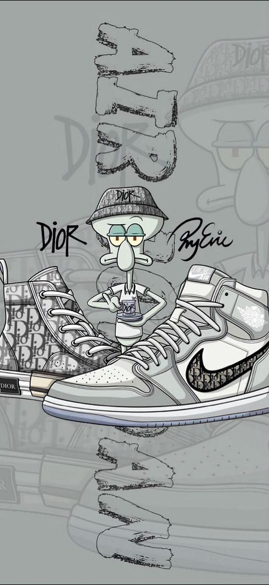 squidward, nike, dior, character, brands, sneakers, trendy, stylish, grey, art