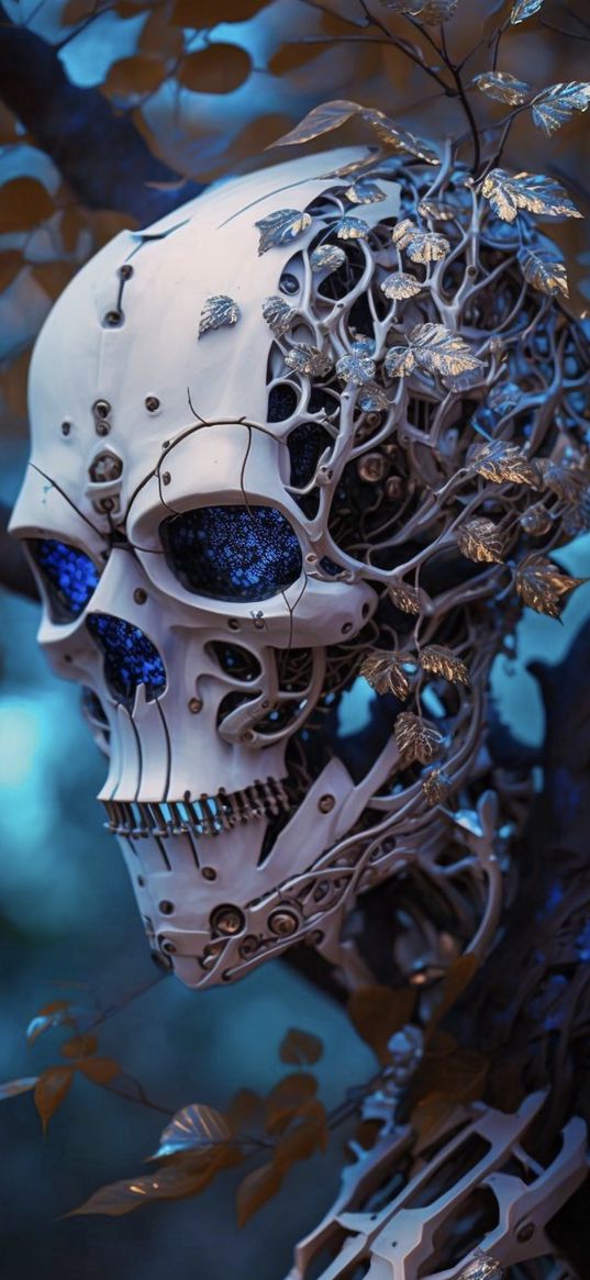 skull, skeleton, robot, leaves, ai, art