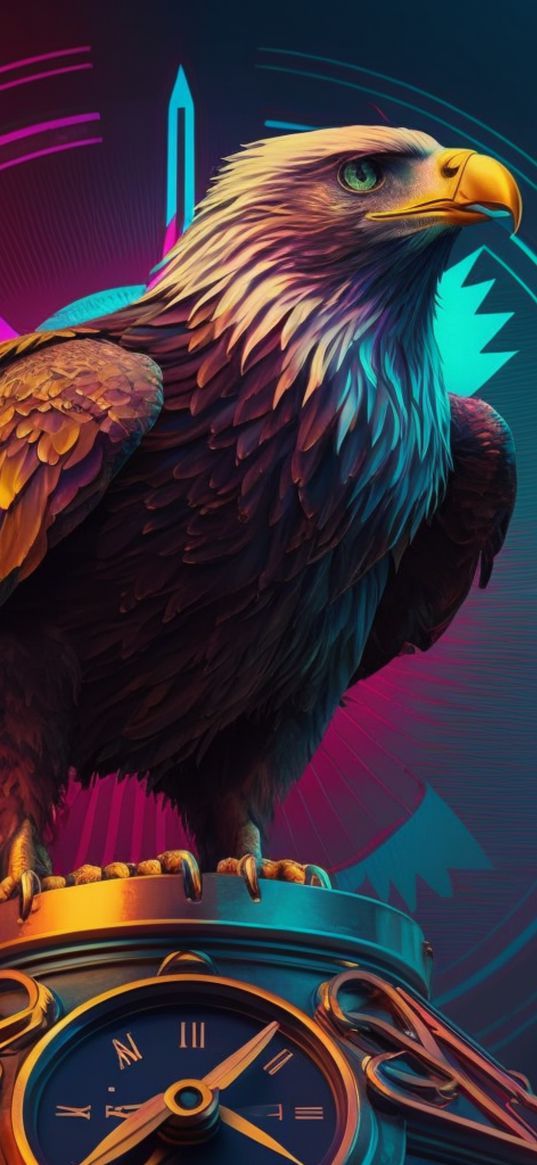 eagle, bird, clock, purple, blue, art