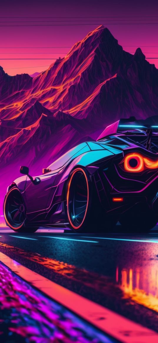 car, sports car, headlights, road, mountains, neon, art